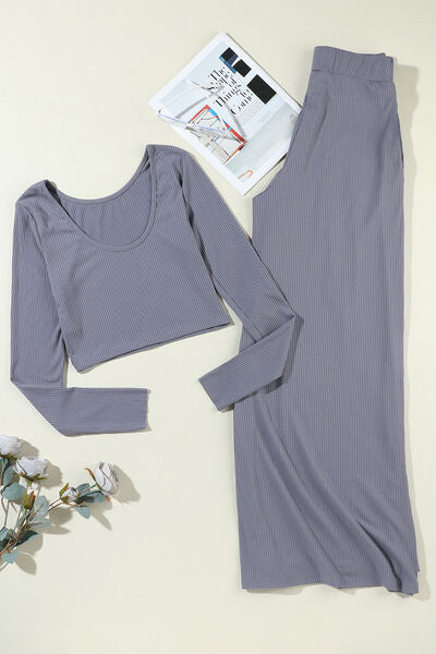 Ribbed Round Neck Top and Wide-Leg Pants Set - Lily and Lavender Boutique