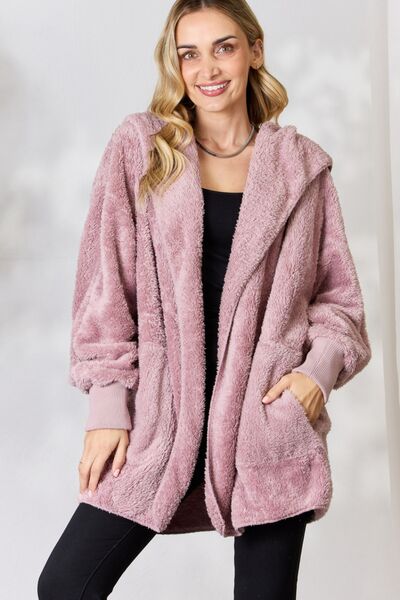 H&T Faux Fur Open Front Hooded Jacket - Lily and Lavender Boutique