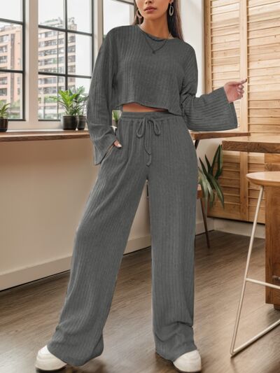 Ribbed Round Neck Top and Drawstring Pants Set - Lily and Lavender Boutique