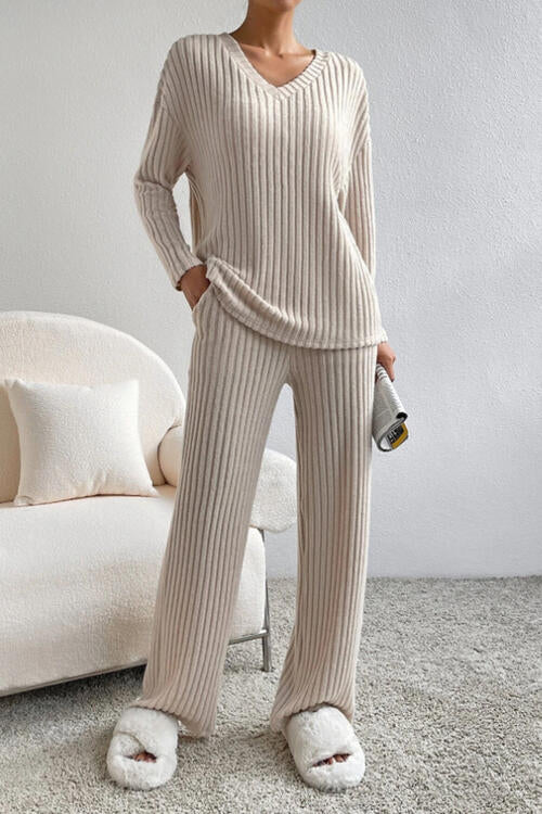 Ribbed V-Neck Top and Pants Set - Lily and Lavender Boutique