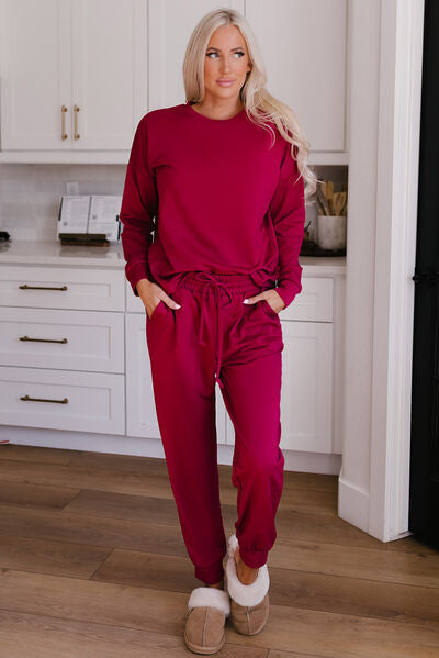 Round Neck Top and Drawstring Pants Lounge Set - Lily and Lavender Boutique