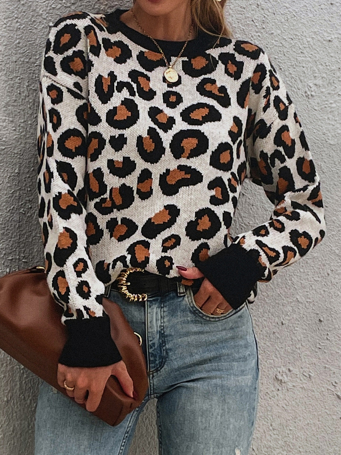 Leopard Round Neck Dropped Shoulder Sweater - Lily and Lavender Boutique