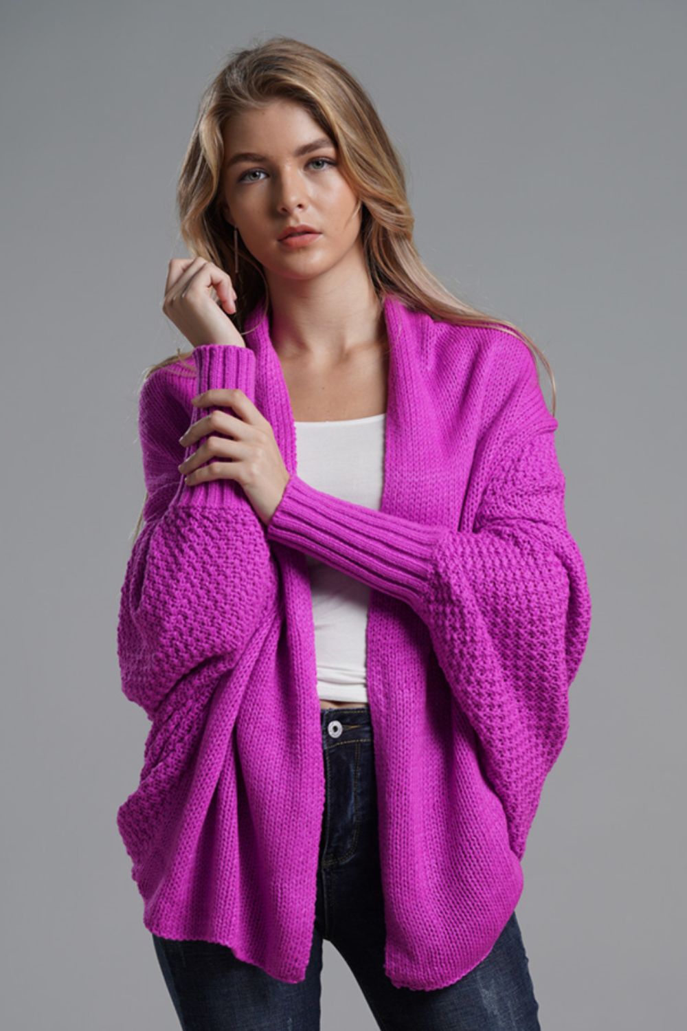 Double Take Dolman Sleeve Open Front Ribbed Trim Longline Cardigan - Lily and Lavender Boutique