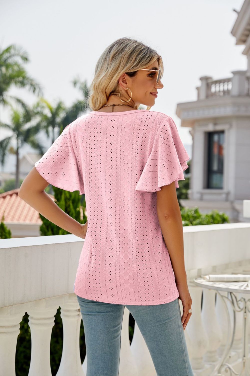 Eyelet Flutter Sleeve Round Neck Top - Lily and Lavender Boutique