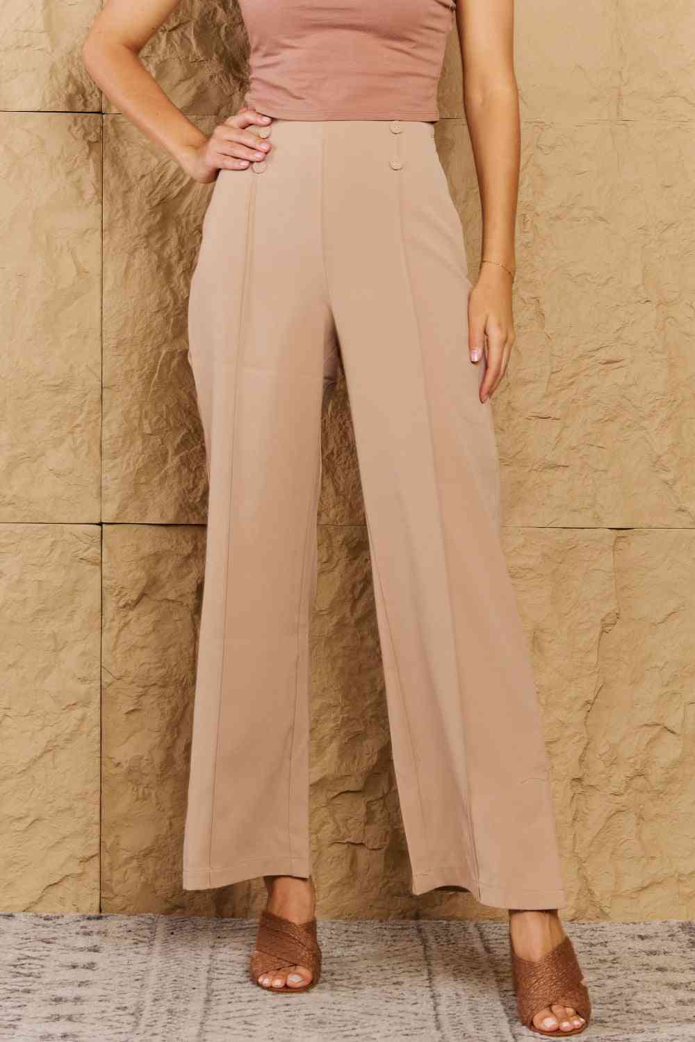 HYFVE Pretty Pleased High Waist Pintuck Straight Leg Pants in Camel - Lily and Lavender Boutique