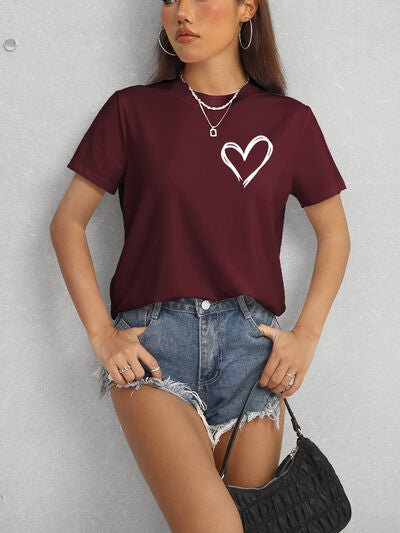 Heart Round Neck Short Sleeve T-Shirt - Lily and Lavender Boutique