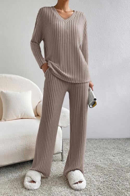 Ribbed V-Neck Top and Pants Set - Lily and Lavender Boutique