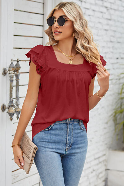 Eyelet Square Neck Cap Sleeve Blouse - Lily and Lavender Boutique