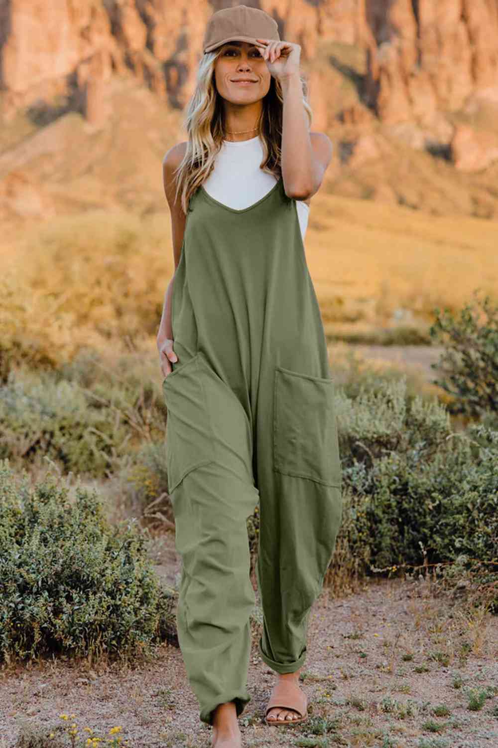 Double Take Full Size V-Neck Sleeveless Jumpsuit with Pockets - Lily and Lavender Boutique