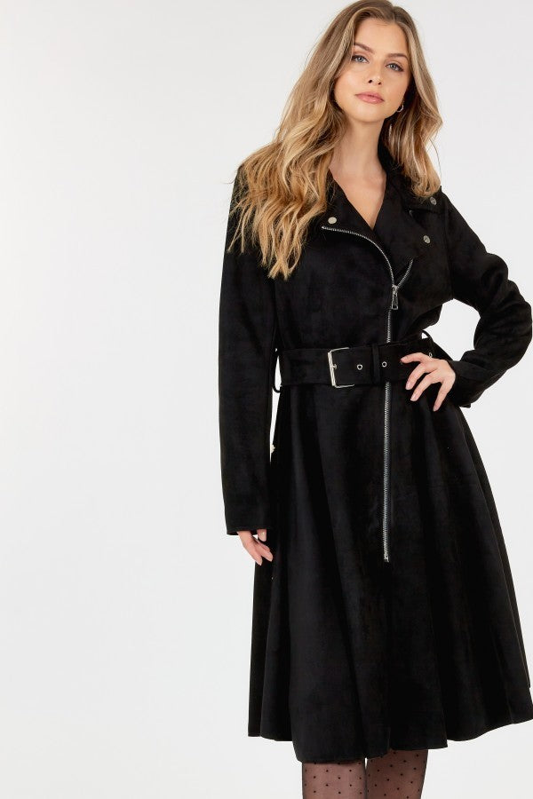 Waist Belt Tacked Faux Suede Coat Solid Coat - Lily and Lavender Boutique
