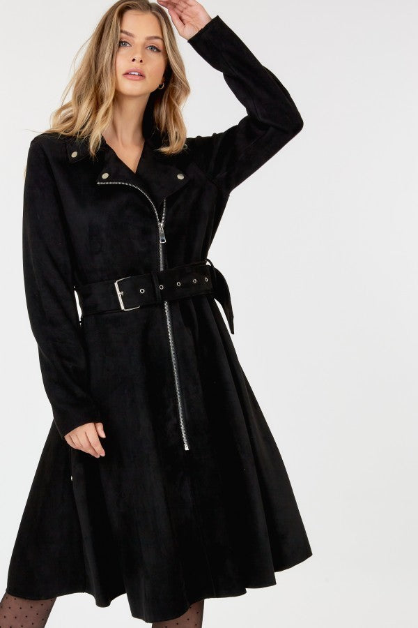 Waist Belt Tacked Faux Suede Coat Solid Coat - Lily and Lavender Boutique