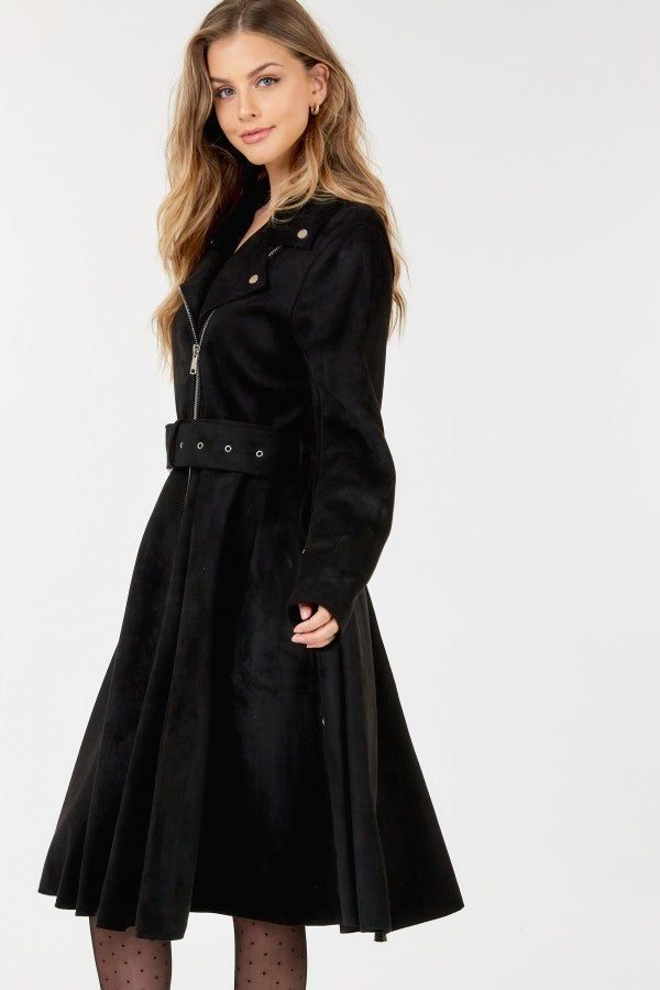 Waist Belt Tacked Faux Suede Coat Solid Coat - Lily and Lavender Boutique