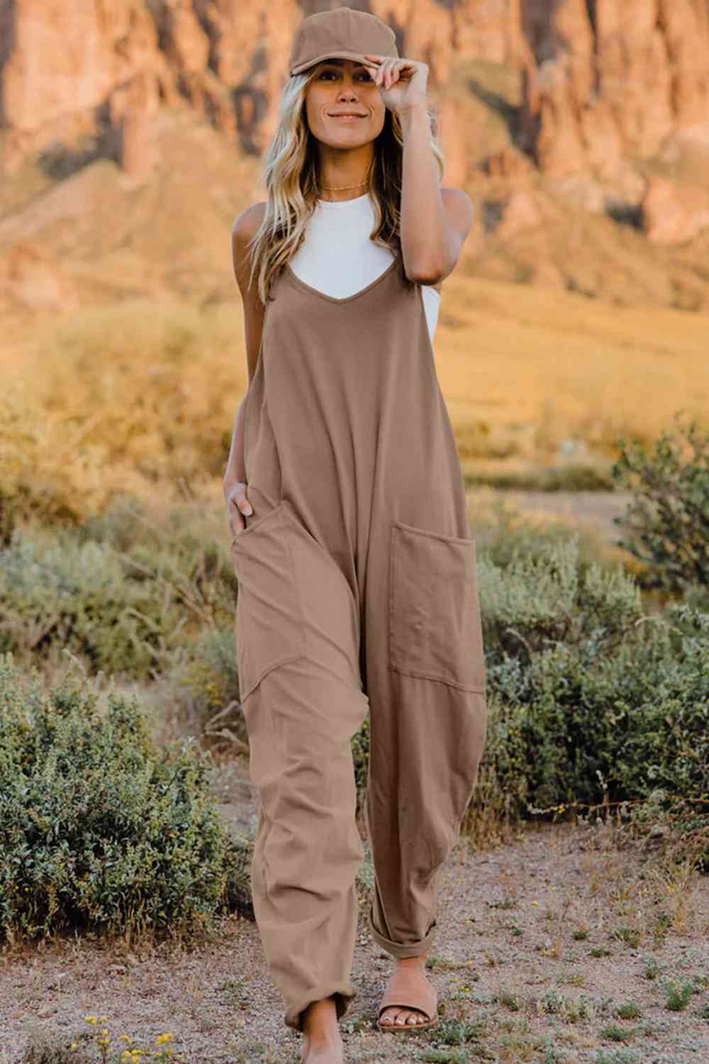 Double Take Full Size V-Neck Sleeveless Jumpsuit with Pockets - Lily and Lavender Boutique