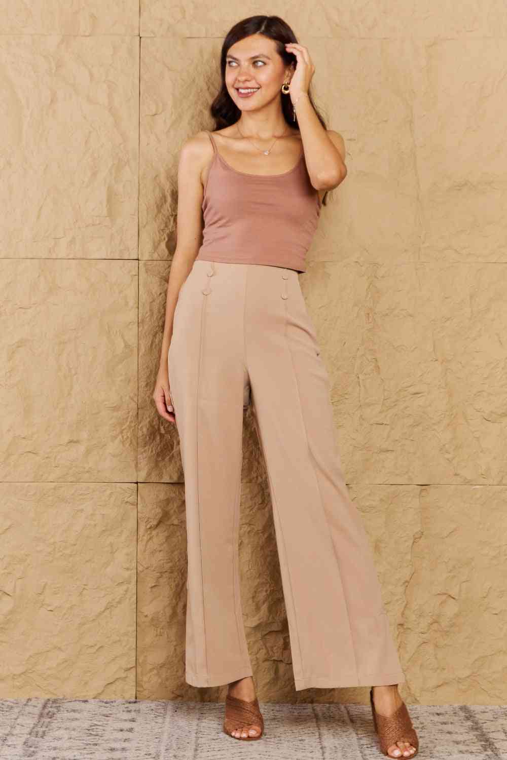 HYFVE Pretty Pleased High Waist Pintuck Straight Leg Pants in Camel - Lily and Lavender Boutique