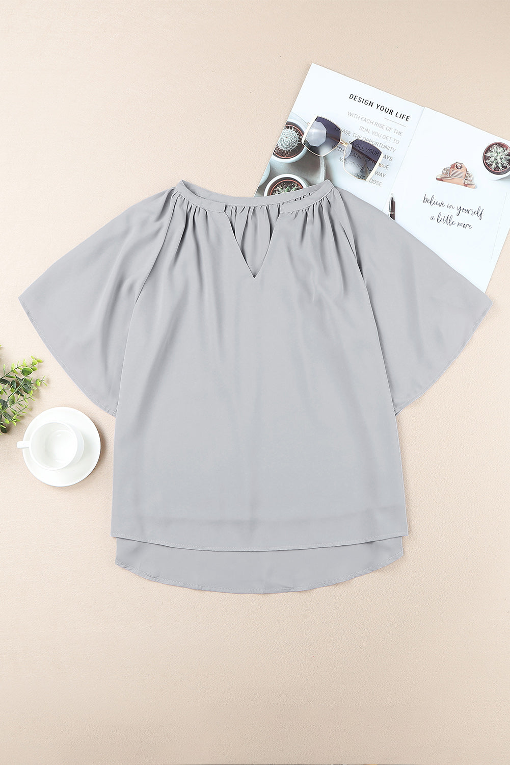 Gathered Detail Notched Neck Flutter Sleeve Top - Lily and Lavender Boutique