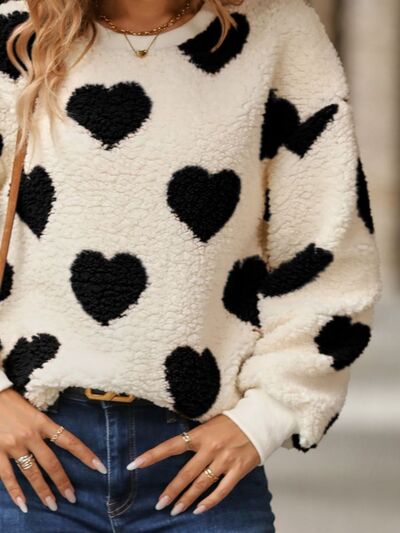 Fuzzy Heart Dropped Shoulder Sweatshirt - Lily and Lavender Boutique