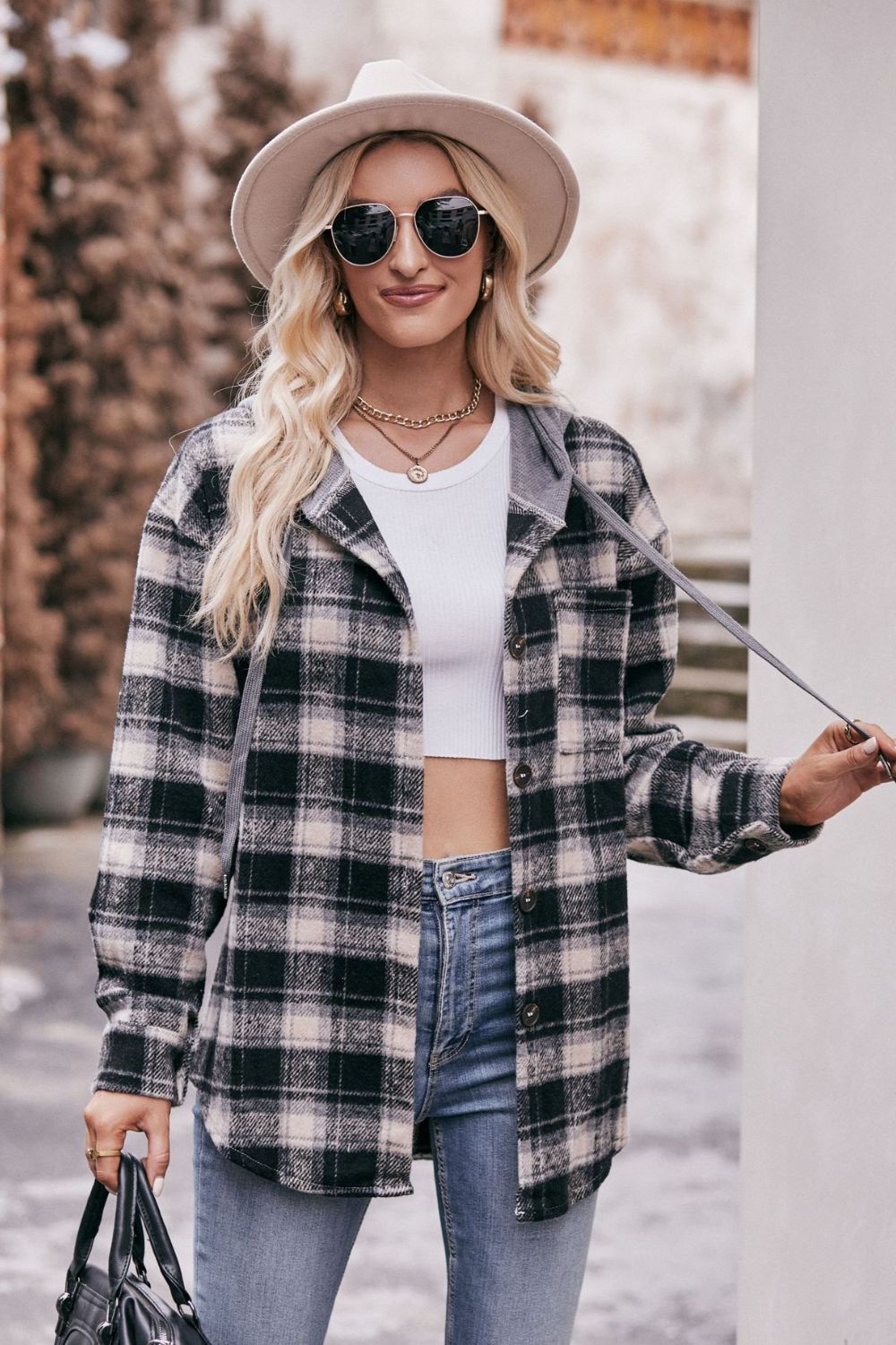 Plaid Dropped Shoulder Hooded Longline Jacket - Lily and Lavender Boutique