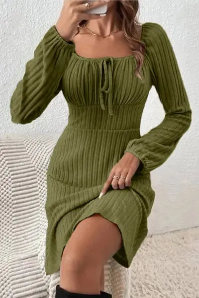 Ribbed Tied Square Neck Long Sleeve Mini Dress - Lily and Lavender Boutique