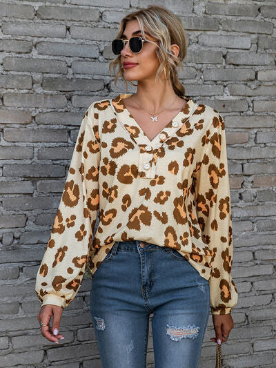 Leopard V-Neck Decorative Button Long Sleeve Blouse - Lily and Lavender Boutique