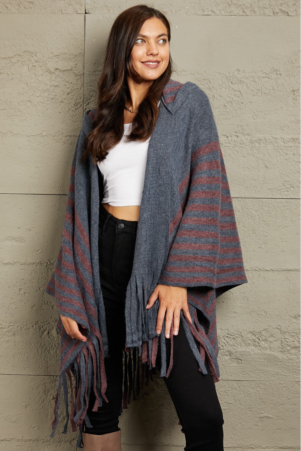 e.Luna Stripe Hooded Poncho Cardigan - Lily and Lavender Boutique