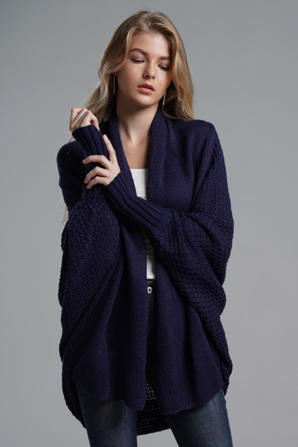 Double Take Dolman Sleeve Open Front Ribbed Trim Longline Cardigan - Lily and Lavender Boutique