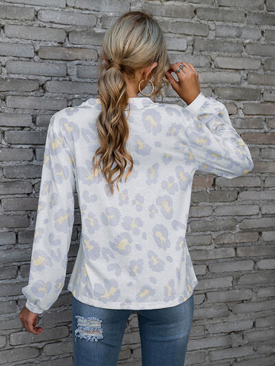 Leopard V-Neck Decorative Button Long Sleeve Blouse - Lily and Lavender Boutique