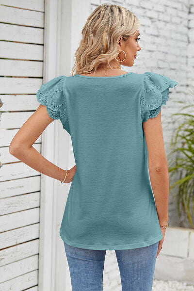 Eyelet Square Neck Cap Sleeve Blouse - Lily and Lavender Boutique