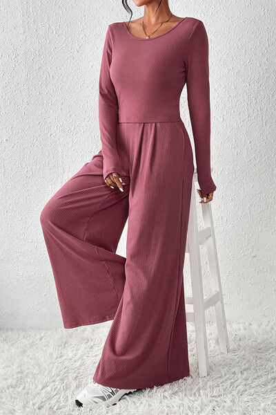 Ribbed Round Neck Top and Wide-Leg Pants Set - Lily and Lavender Boutique