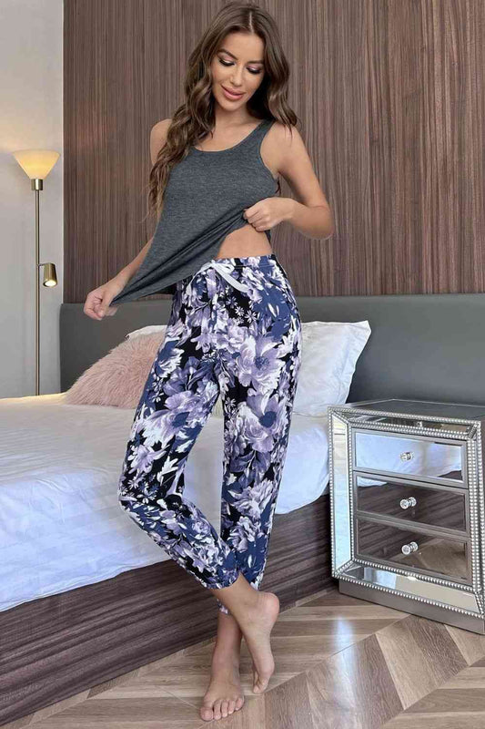 Scoop Neck Tank and Floral Cropped Pants Lounge Set - Lily and Lavender Boutique