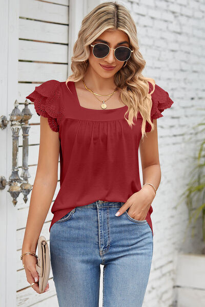 Eyelet Square Neck Cap Sleeve Blouse - Lily and Lavender Boutique