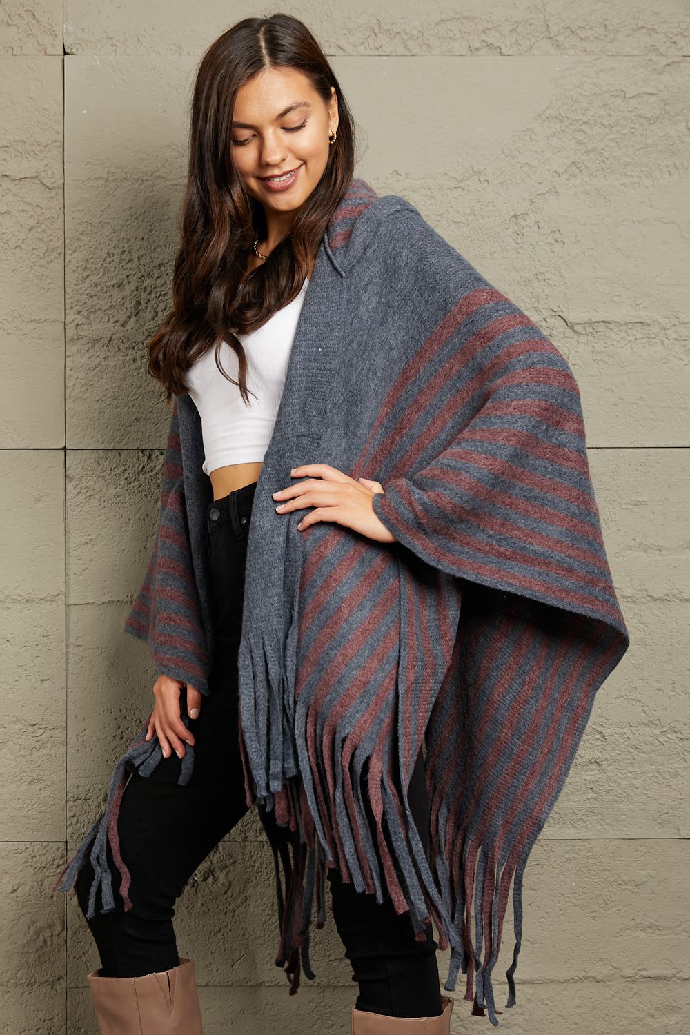 e.Luna Stripe Hooded Poncho Cardigan - Lily and Lavender Boutique