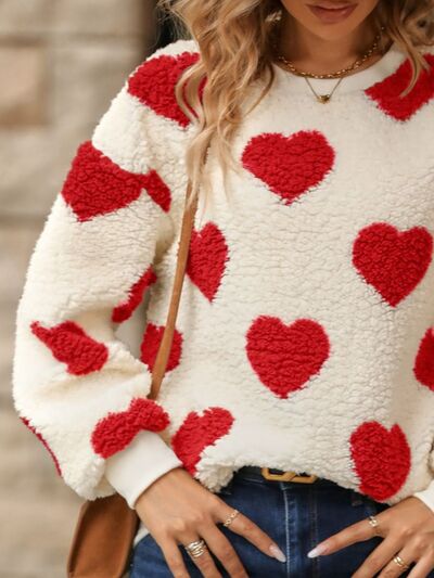 Fuzzy Heart Dropped Shoulder Sweatshirt - Lily and Lavender Boutique