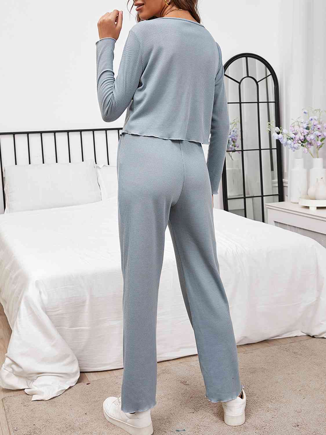 Button Front Long Sleeve Top and Pants Lounge Set - Lily and Lavender Boutique