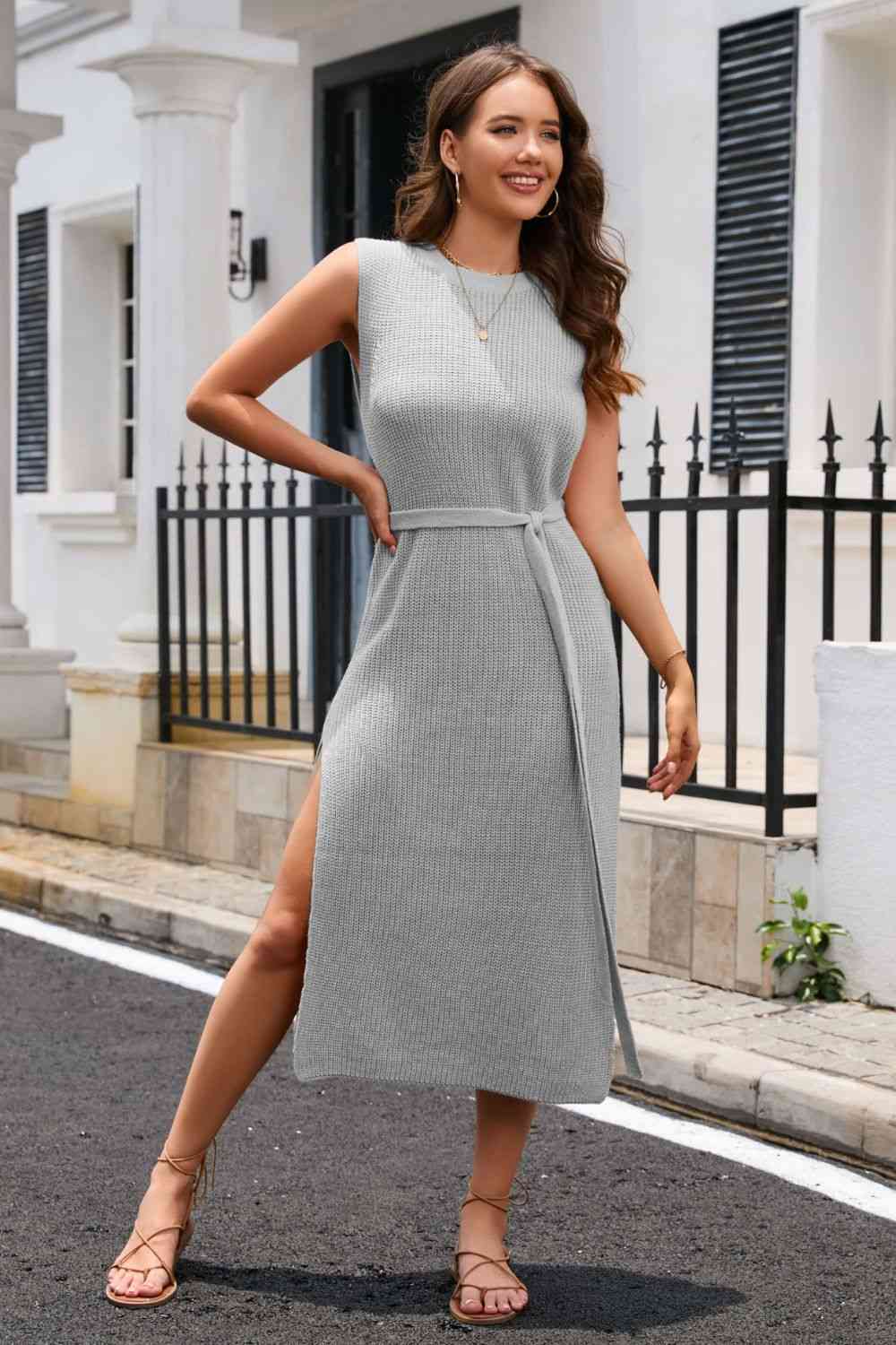 Round Neck Tie Belt Slit Sleeveless Sweater Dress - Lily and Lavender Boutique