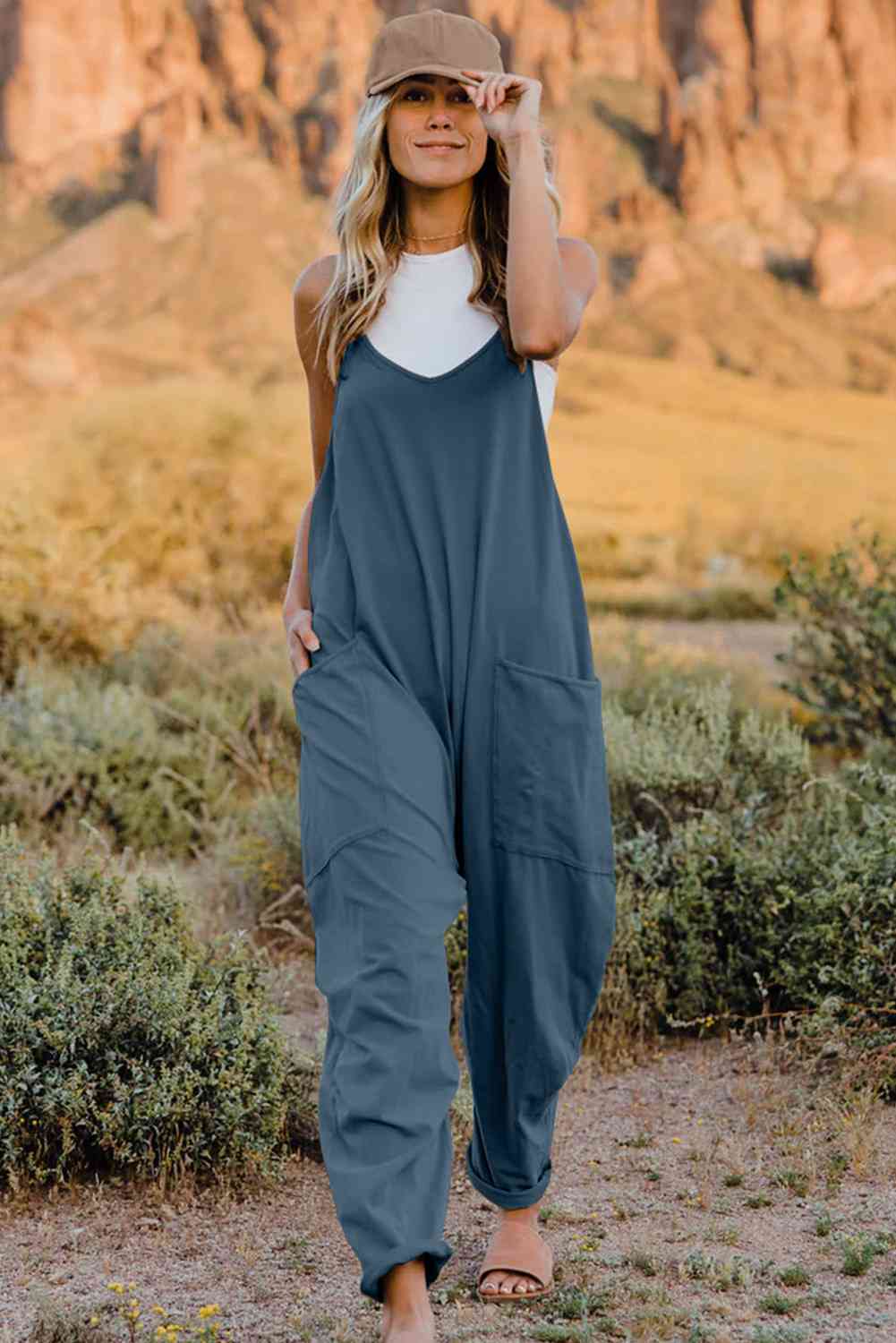 Double Take Full Size V-Neck Sleeveless Jumpsuit with Pockets - Lily and Lavender Boutique