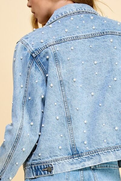 Veveret Button Up Pearl Detail Long Sleeve Denim Jacket - Lily and Lavender Boutique