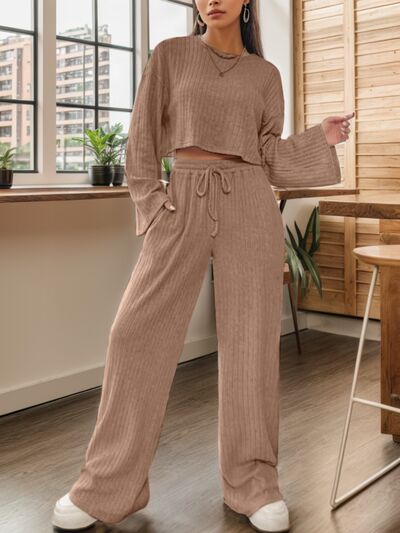 Ribbed Round Neck Top and Drawstring Pants Set - Lily and Lavender Boutique