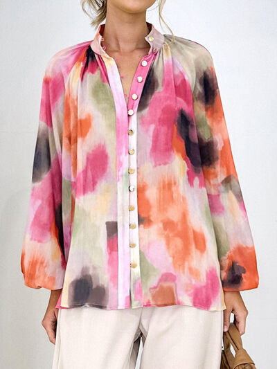 Printed Button Up Balloon Sleeve Shirt - Lily and Lavender Boutique