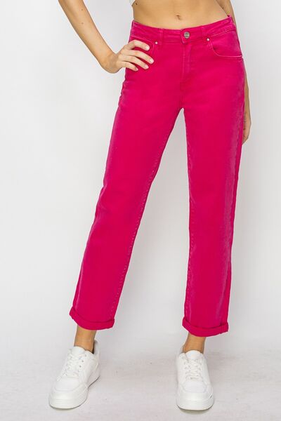 RISEN High Waist Rolled Hem Straight Jeans - Lily and Lavender Boutique