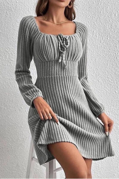 Ribbed Tied Square Neck Long Sleeve Mini Dress - Lily and Lavender Boutique