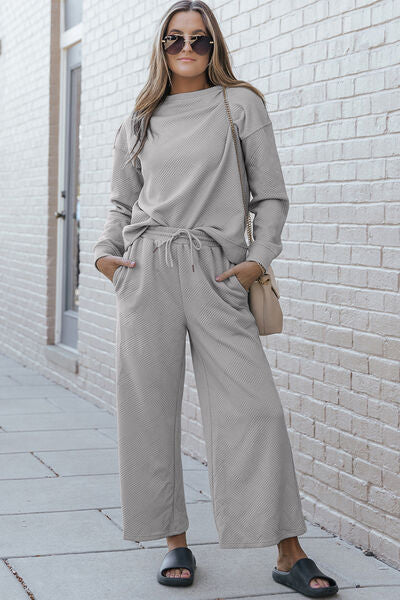 Double Take Full Size Textured Long Sleeve Top and Drawstring Pants Set - Lily and Lavender Boutique