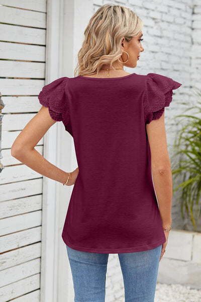 Eyelet Square Neck Cap Sleeve Blouse - Lily and Lavender Boutique