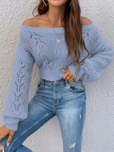 Openwork Off-Shoulder Long Sleeve Sweater - Lily and Lavender Boutique