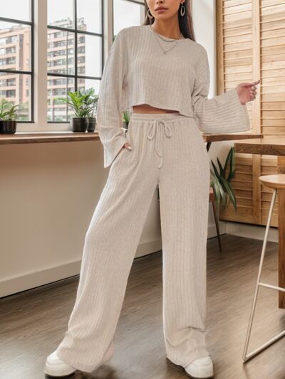 Ribbed Round Neck Top and Drawstring Pants Set - Lily and Lavender Boutique