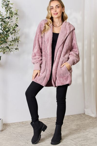 H&T Faux Fur Open Front Hooded Jacket - Lily and Lavender Boutique