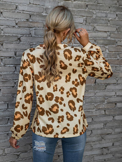 Leopard V-Neck Decorative Button Long Sleeve Blouse - Lily and Lavender Boutique