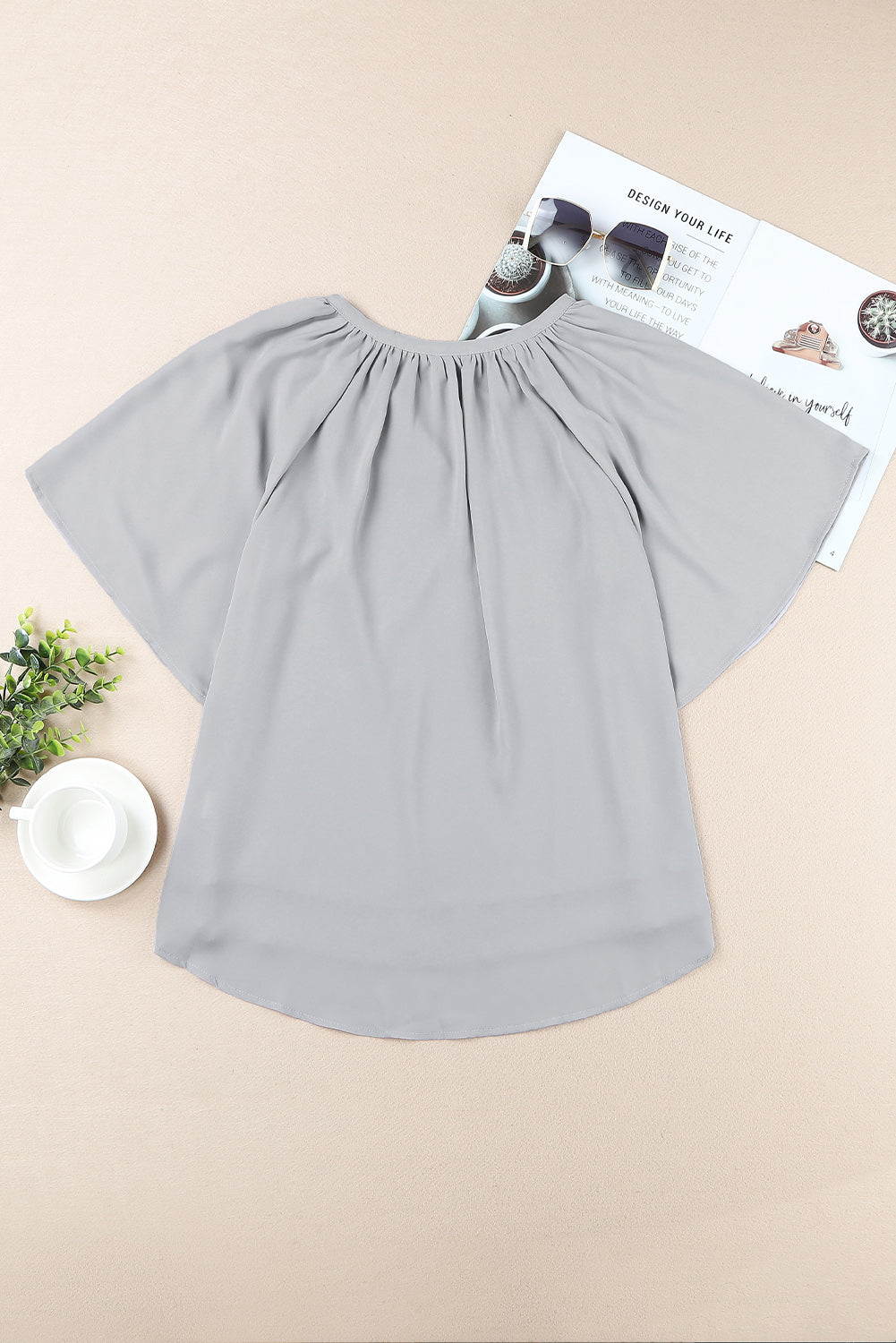 Gathered Detail Notched Neck Flutter Sleeve Top - Lily and Lavender Boutique