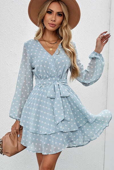 Tied Layered Polka Dot Balloon Sleeve Dress - Lily and Lavender Boutique