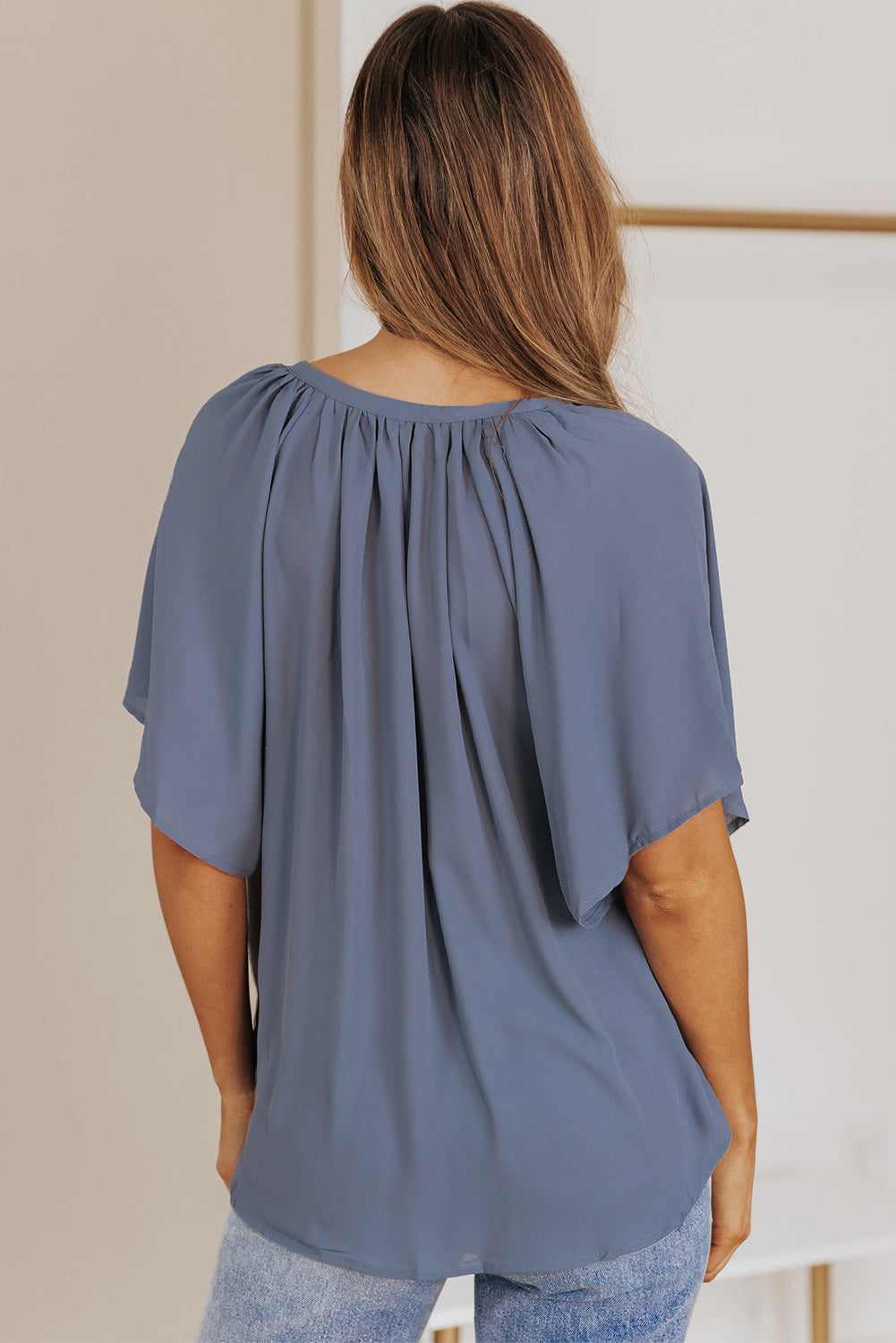 Gathered Detail Notched Neck Flutter Sleeve Top - Lily and Lavender Boutique