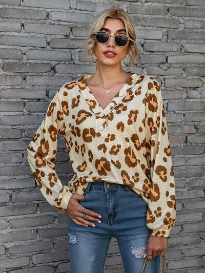 Leopard V-Neck Decorative Button Long Sleeve Blouse - Lily and Lavender Boutique